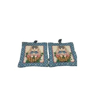 B&D Pot Holders OS Blue Bunny Rabbit Basket Quilted Vintage Kitchen Set of 2